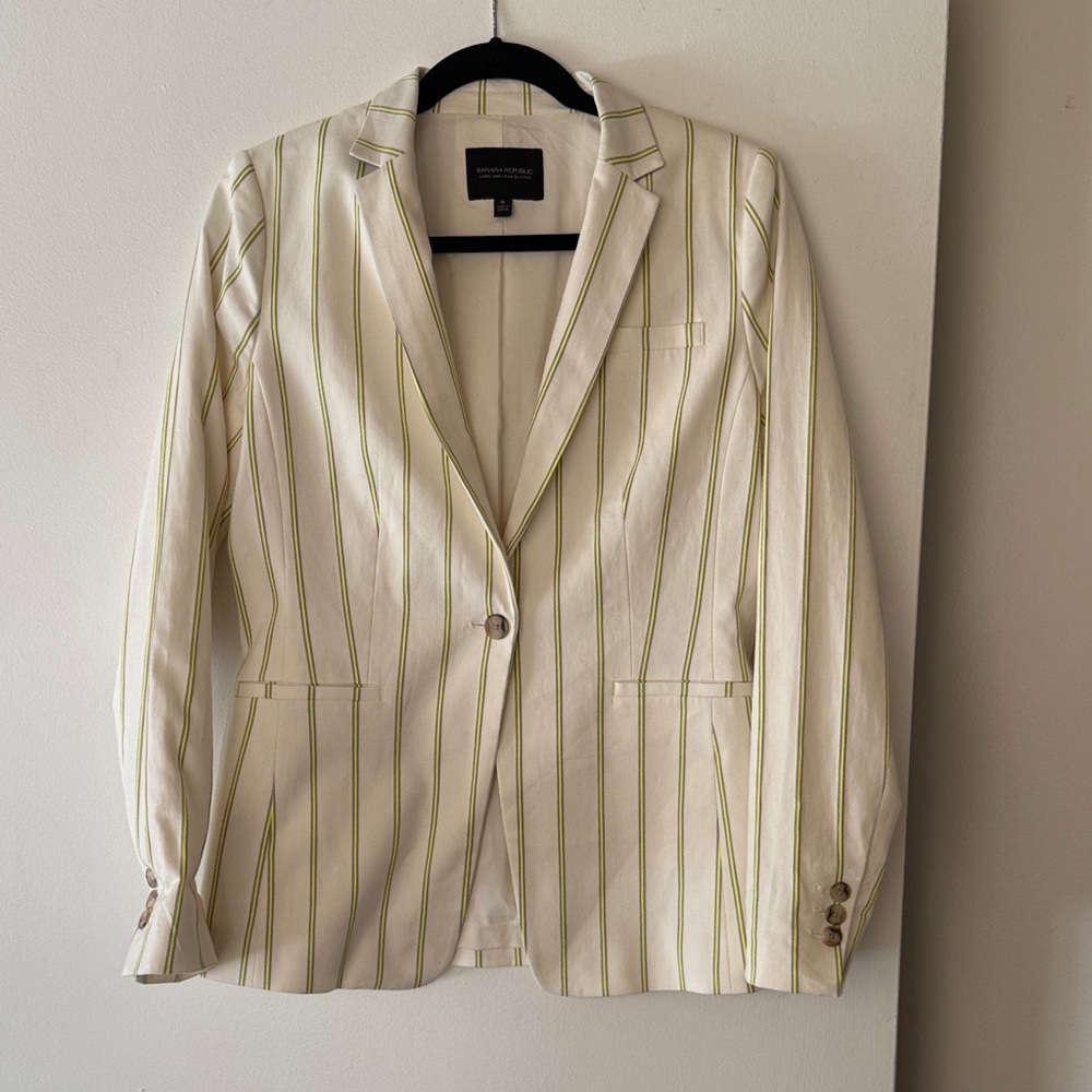 Banana Republic White and Bright Green Striped Blazer